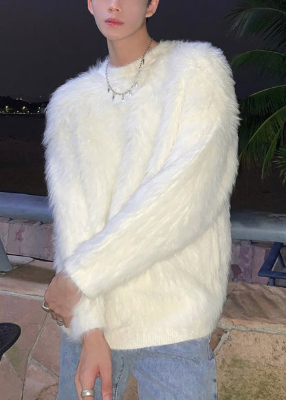 Pull col rond en velours de vison blanc uni et confortable pour homme, nouveauté hiver RC025