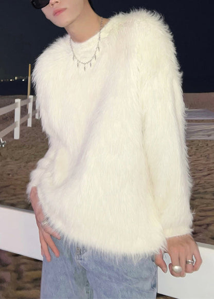 Pull col rond en velours de vison blanc uni et confortable pour homme, nouveauté hiver RC025