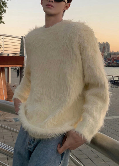 Pull col rond en velours de vison blanc uni et confortable pour homme, nouveauté hiver RC025