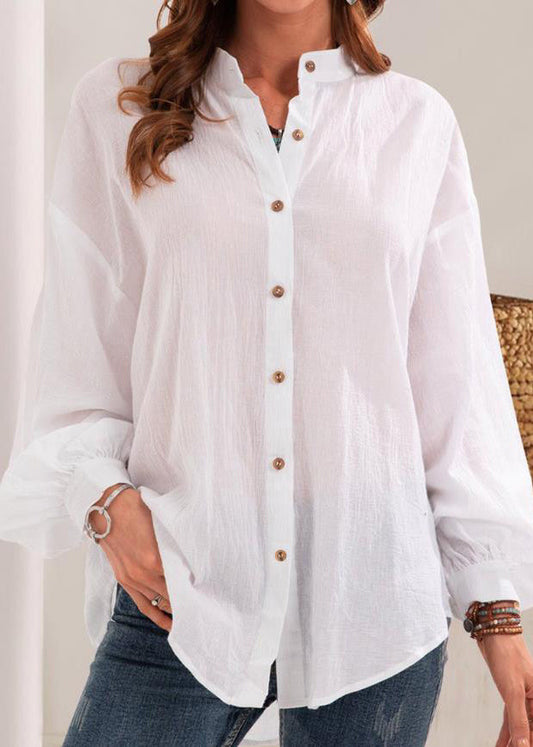 New White Stand Collar Button Cotton Blouses Long Sleeve FF050