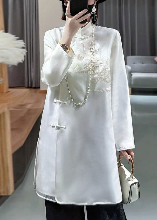 New White Stand Collar Embroidered Button Silk Shirt Long Sleeve Ada Fashion