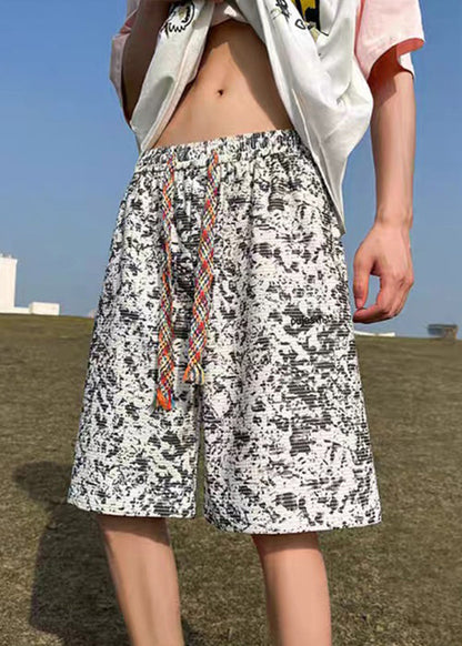New Dye Men White Shorts Cotton Summer Elastic Waist Tie