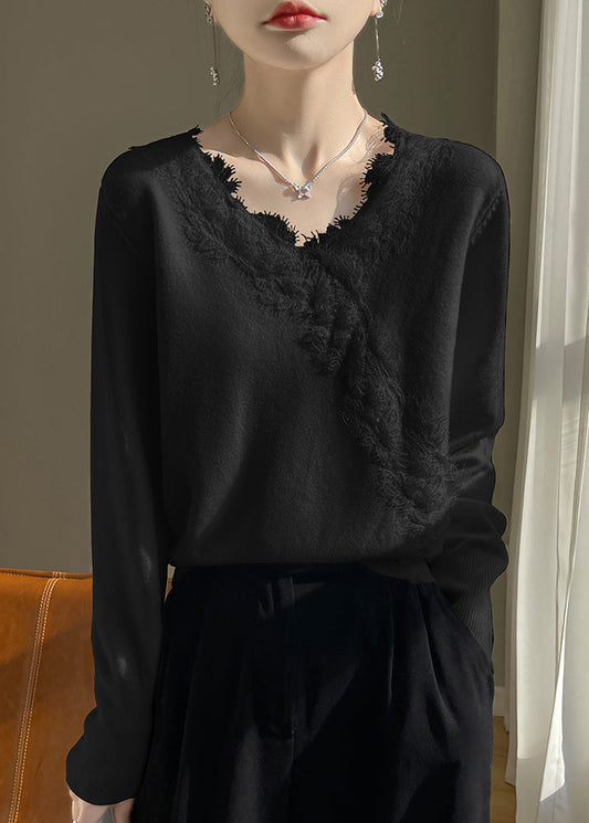 Neuer weißer V-Ausschnitt Spitzen-Patchwork-Strickpullover Frühling TO042