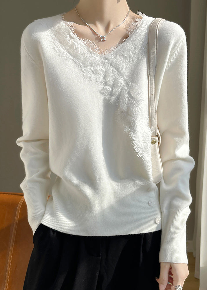Nouveau pull blanc en maille patchwork à col en V et dentelle, printemps TO042