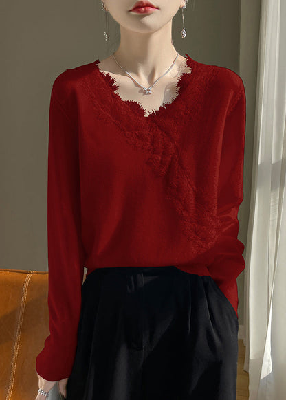 Nouveau pull blanc en maille patchwork à col en V et dentelle, printemps TO042