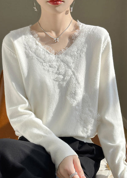 Nouveau pull blanc en maille patchwork à col en V et dentelle, printemps TO042