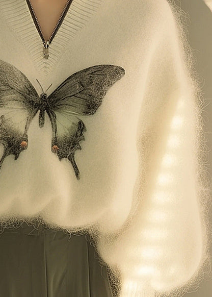 Nouveau pull blanc zippé en tricot imprimé papillon hiver WX009