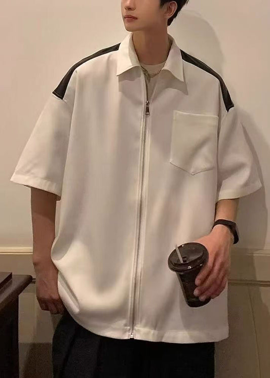 Baumwolle Weiß Neue Herren Halbe Taschen Patchwork Zippered Shirts
