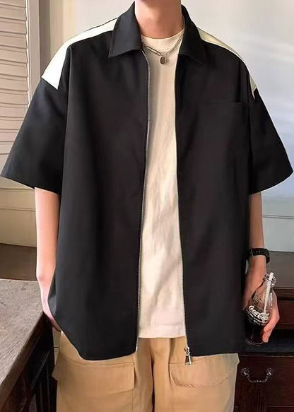 Chemises zippées en coton blanc pour homme, à demi-poches, patchwork