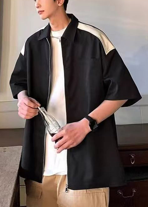 Chemises zippées en coton blanc pour homme, à demi-poches, patchwork