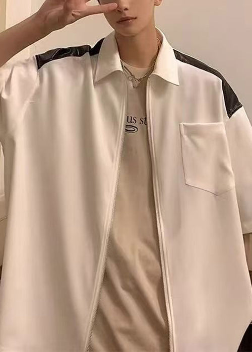 Chemises zippées en coton blanc pour homme, à demi-poches, patchwork