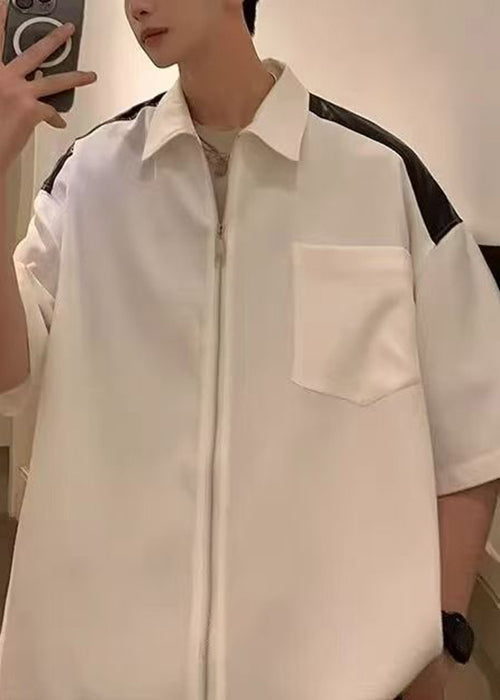 Chemises zippées en coton blanc pour homme, à demi-poches, patchwork