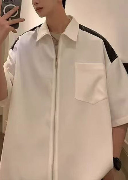 Chemises zippées en coton blanc pour homme, à demi-poches, patchwork