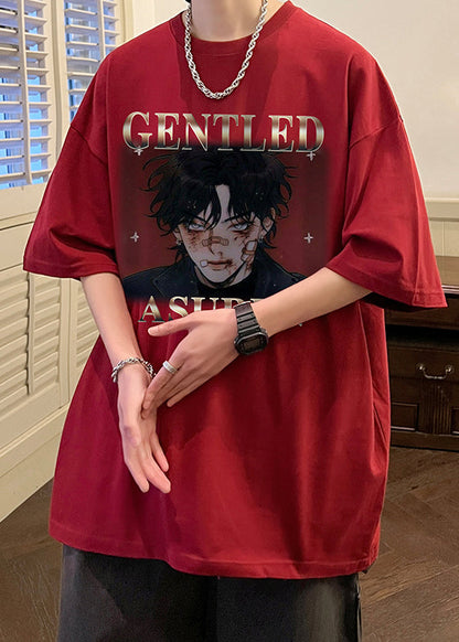 Neu Herren Druck Rot Baumwolle Ärmel Wein Shirts T Halb