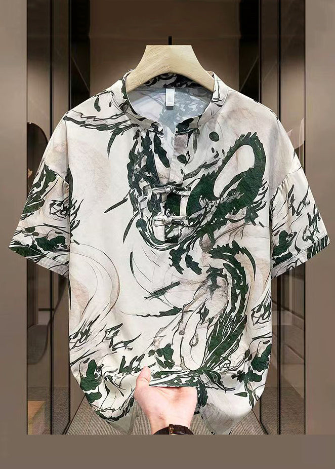 Neu Gelb Druck Sommer Herren Öffnen Taste T Seite Seide Hemd