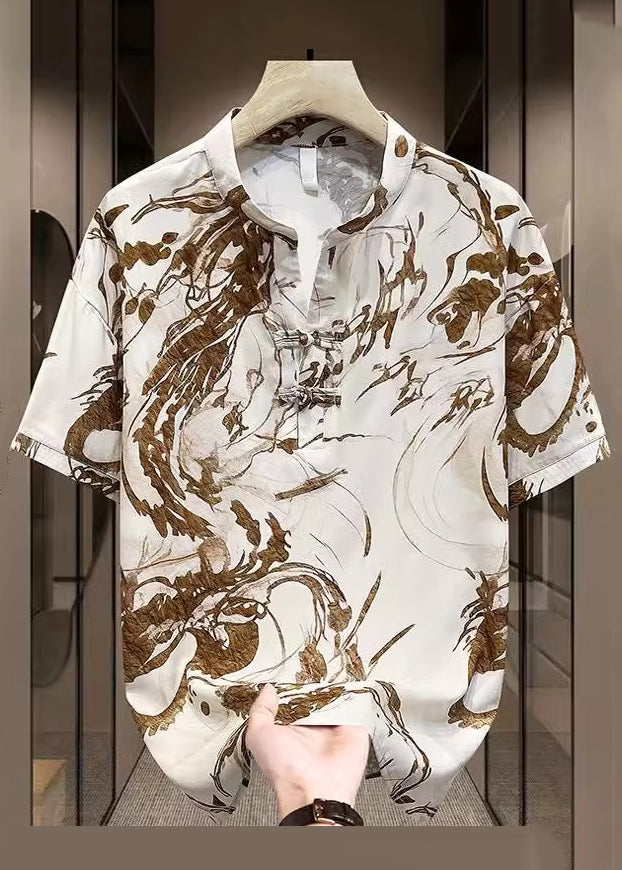 Neu Gelb Druck Sommer Herren Öffnen Taste T Seite Seide Hemd