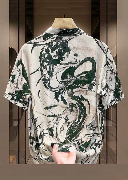 Neu Gelb Druck Sommer Herren Öffnen Taste T Seite Seide Hemd