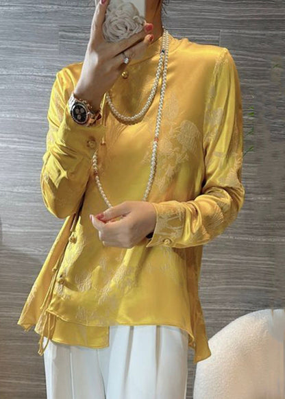 New Yellow Chinese Button Print Silk Blouses Spring Ada Fashion