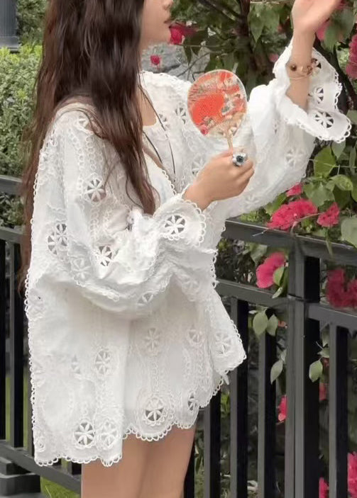 Neu Top Spitze Ärmel O Neck Hohl Lange Hemd Gelb Aus