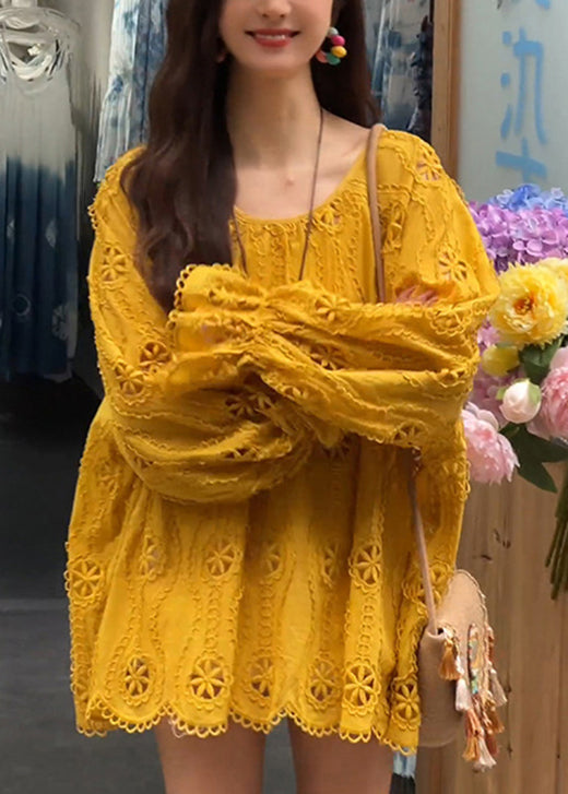 Neu Top Spitze Ärmel O Neck Hohl Lange Hemd Gelb Aus