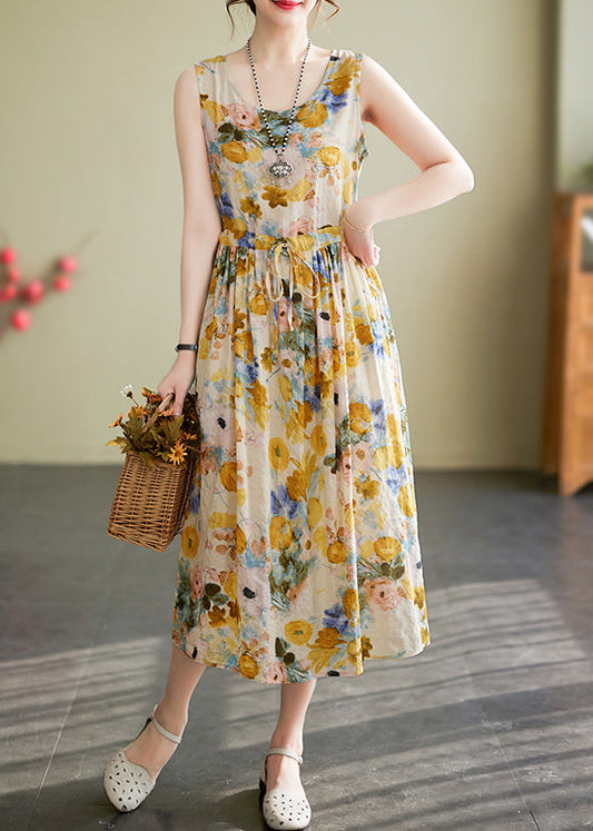 New Yellow O Neck Lace Up Print Cotton Long Dress Sleeveless JH058