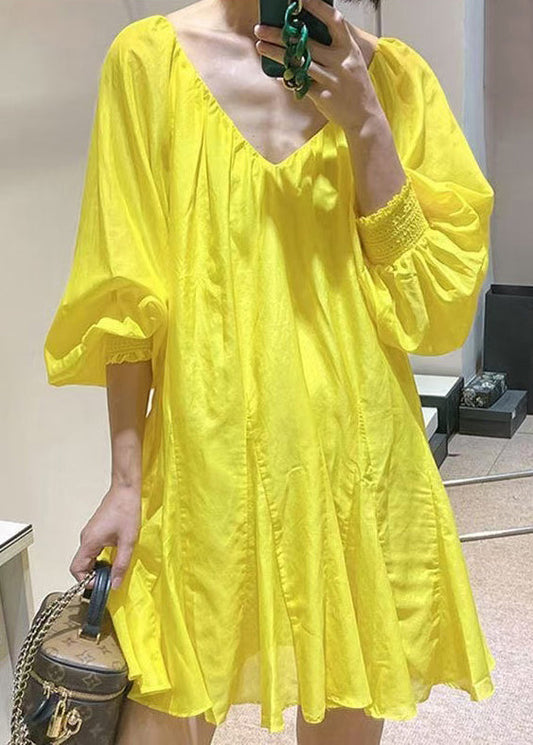 Neu V Spitze Gelb Kleid Up Solide Mini Frühling Baumwolle