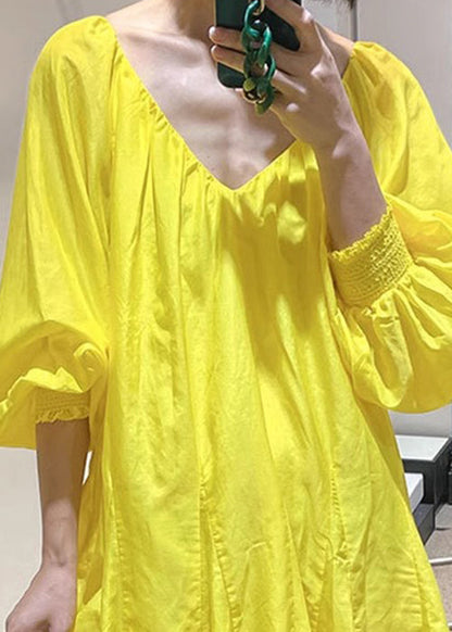 Neu V Spitze Gelb Kleid Up Solide Mini Frühling Baumwolle