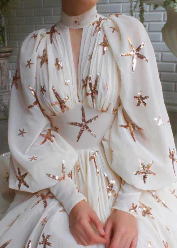 Novelty Beige Sequins Side Open Chiffon Long Dress Lantern Sleeve WW1037