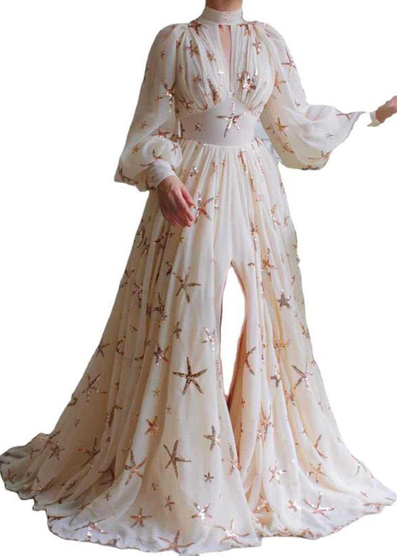 Novelty Beige Sequins Side Open Chiffon Long Dress Lantern Sleeve WW1037