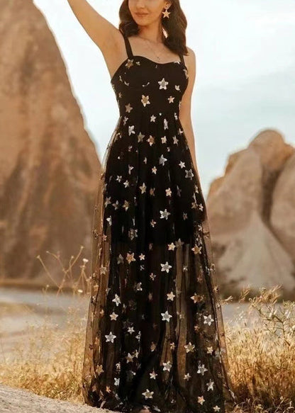 Robe fantaisie noire à bretelles spaghetti en tulle taille haute avec appliques sans manches FF100