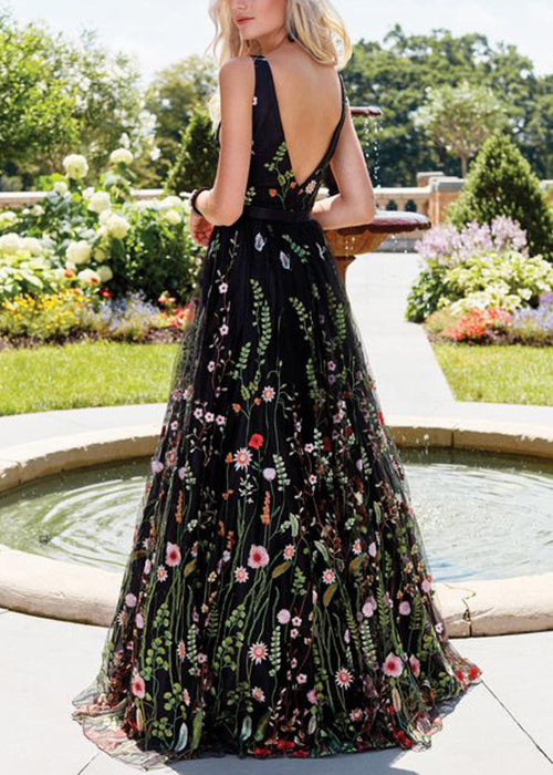 Neuartiges schwarzes besticktes rückenfreies Maxikleid aus Tüll, ärmellos, TL027