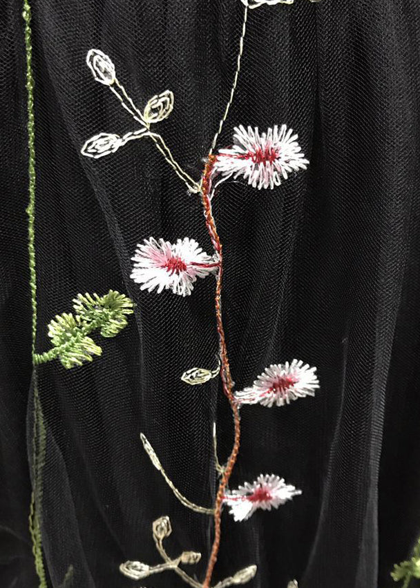Neuartiges schwarzes besticktes rückenfreies Maxikleid aus Tüll, ärmellos, TL027