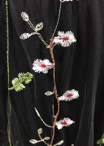Neuartiges schwarzes besticktes rückenfreies Maxikleid aus Tüll, ärmellos, TL027