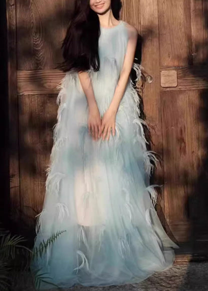 Ärmellose Robe Neuheit Blau Kleider Chiffon Feder Patchwork