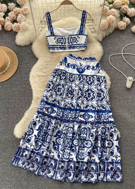 Novelty Blue Print High Waist Cotton Two Piece Set Sleeveless TR035