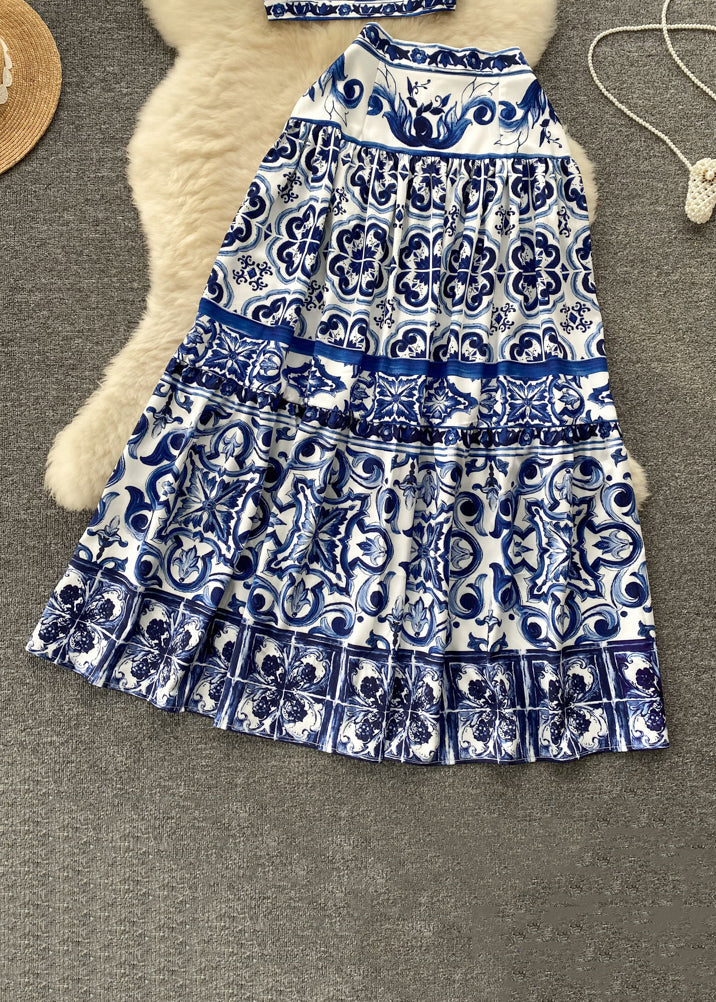 Novelty Blue Print High Waist Cotton Two Piece Set Sleeveless TR035