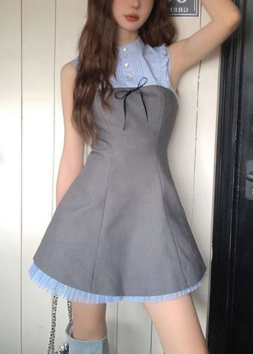 Novelty Blue Ruffled Button Patchwork Cotton Mid Dress Sleeveless ZL018