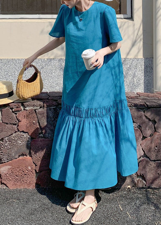Lange Aus Patchwork Rüschen Sommer Neuheit Blau Hohl Kleid Solide