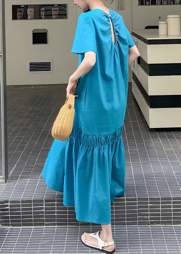 Lange Aus Patchwork Rüschen Sommer Neuheit Blau Hohl Kleid Solide