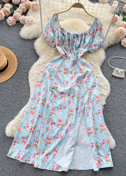 Robe longue en coton bleu fantaisie à col carré et devant ouvert pour l'été TR028