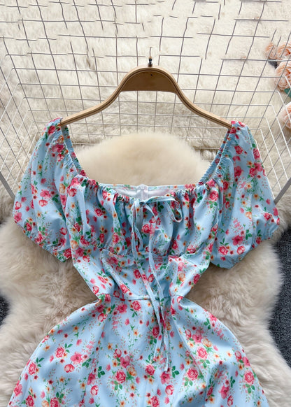 Robe longue en coton bleu fantaisie à col carré et devant ouvert pour l'été TR028