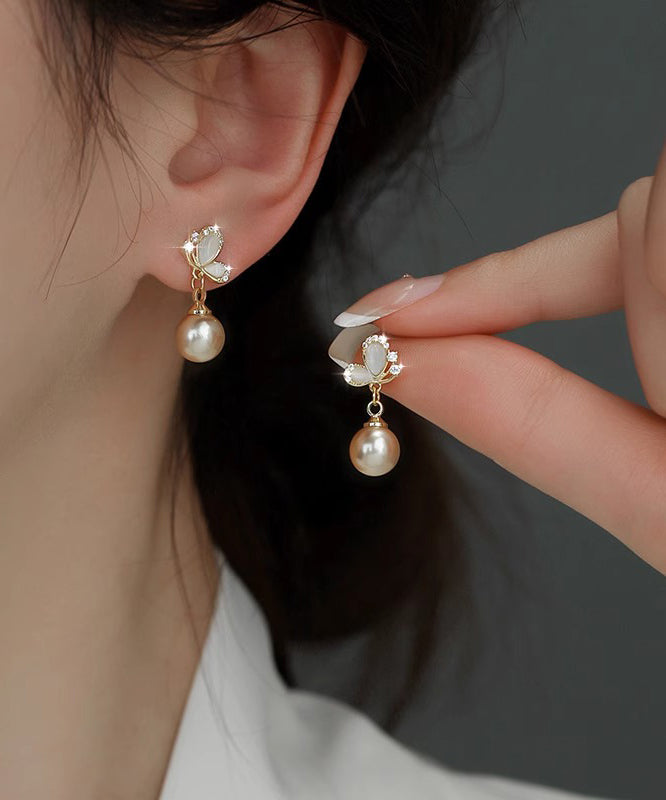 Novelty Copper Earrings Butterfly Pearl Champagne Drop Zircon