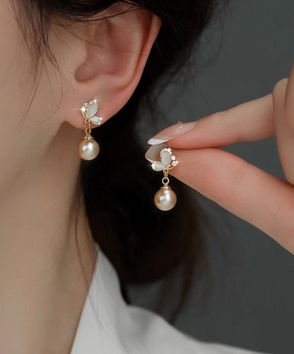 Novelty Copper Earrings Butterfly Pearl Champagne Drop Zircon