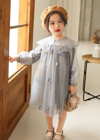 Robe longue en tulle brodée de papillons gris fantaisie pour filles, manches longues, SS1064