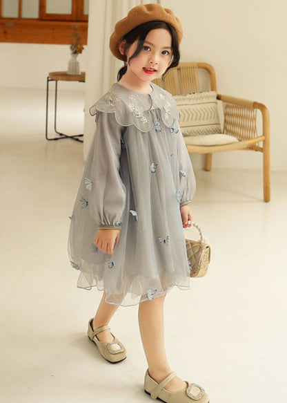 Robe longue en tulle brodée de papillons gris fantaisie pour filles, manches longues, SS1064