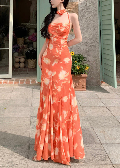 Ärmelloses Orange Schnürkleid Neuheit Print Langes Chiffon