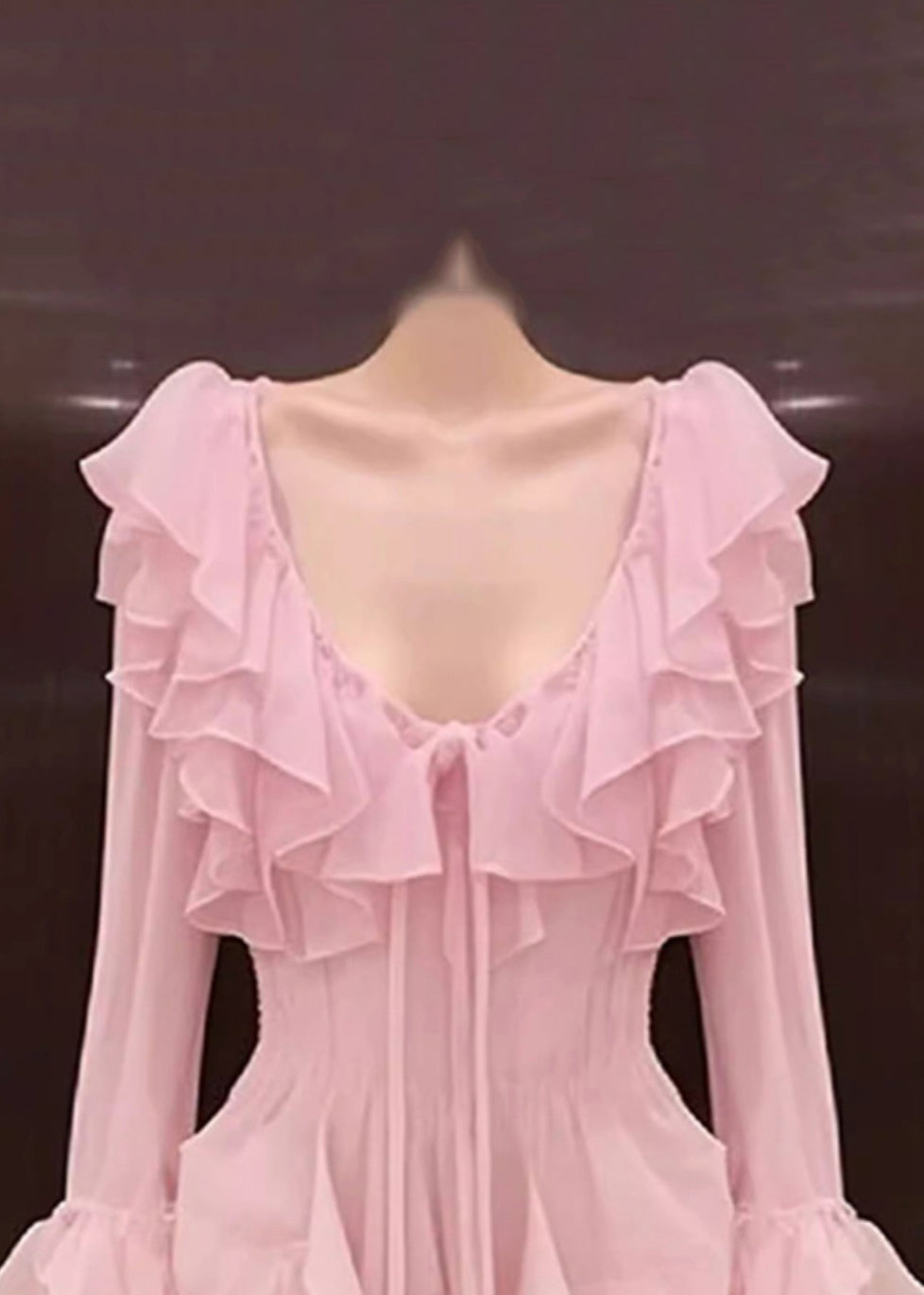 Novelty Pink Ruffled Lace Up Chiffon Mid Dress Long Sleeve EE1050