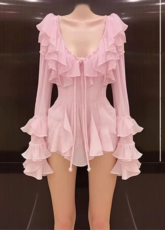 Novelty Pink Ruffled Lace Up Chiffon Mid Dress Long Sleeve EE1050