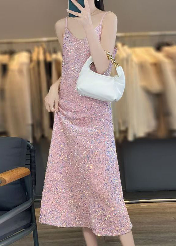 Novelty Pink V Neck Sequins Spaghetti Strap Dress Sleeveless AB1043