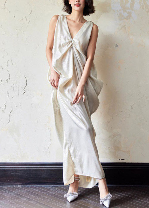 Neuartiges Kleid, ärmellos, Maxi-Ausschnitt, Taschen, knitterige Baumwolle, V